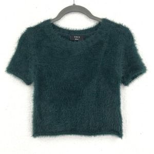 Vici Womens Sweater S Dark Green Faux Fur Crop Pullover Crew Neck Short Sleeve